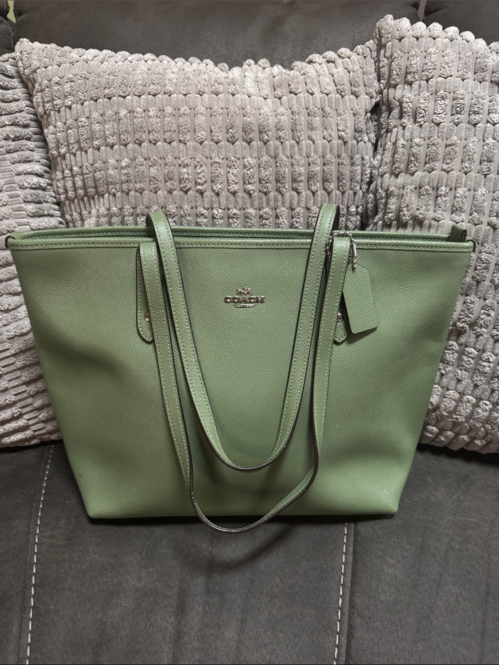 Coach Sage Green Leather Tote with Signature Logo